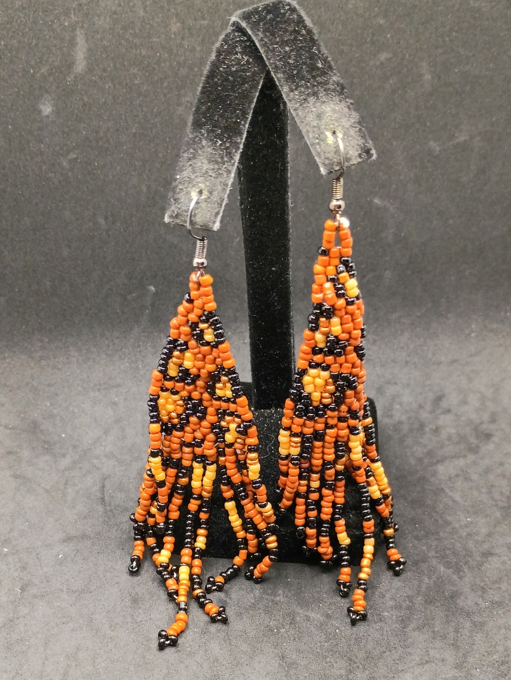 Handcrafted Orange & Black Seed Bead Fringe Earrings